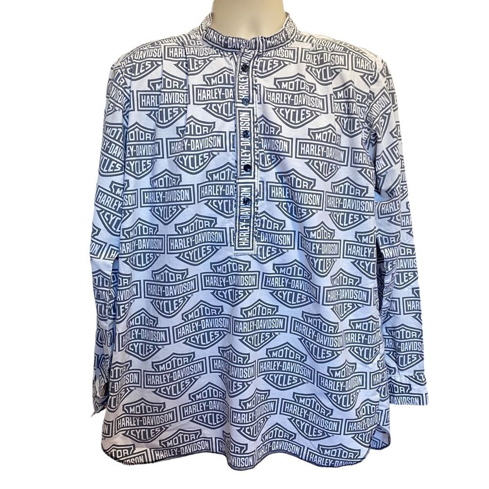 Harley-Davidson Henley Style Mandarin Collar Pull-Over Cotton Spell Out Shirt